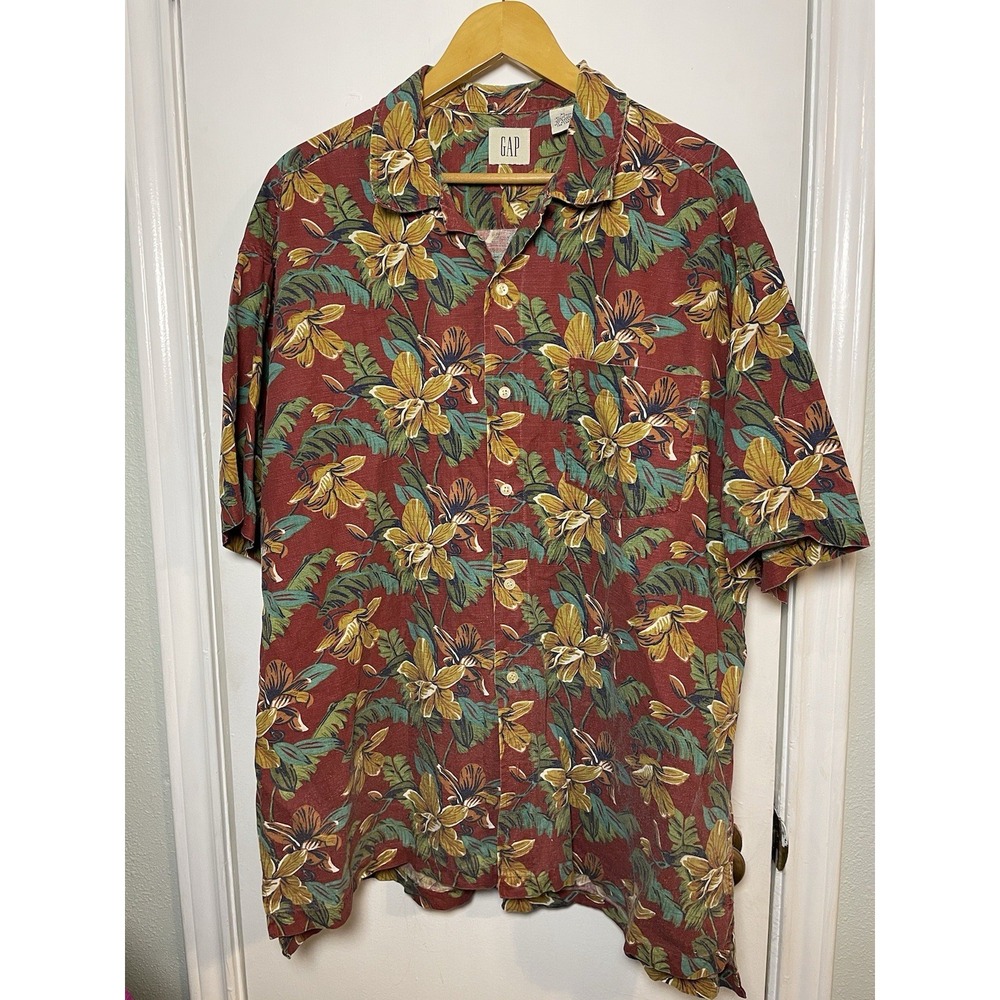 Vintage‎ Men's Gap Hawaiian Linen Blend Shirt Short Sleeve Button Floral XL